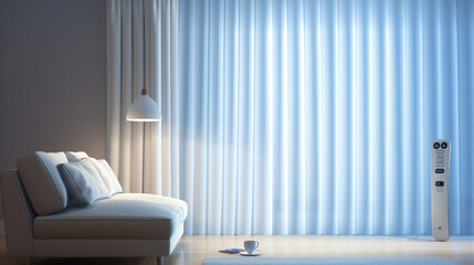 Remote controlled motorized curtains with sunlight sen - obrazy, fototapety, plakaty
