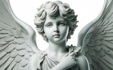 Angel sculpture. Black and white image of ancient statue