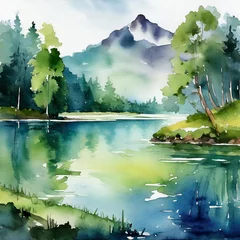 Zelfklevend Fotobehang 수채화로 그린 한적한 호수 © 지혜 김