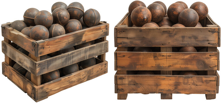 A wooden crate with old cannon balls