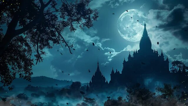  amazing castle silhouette under moon at mysterious temple. seamless looping overlay 4k virtual video animation background