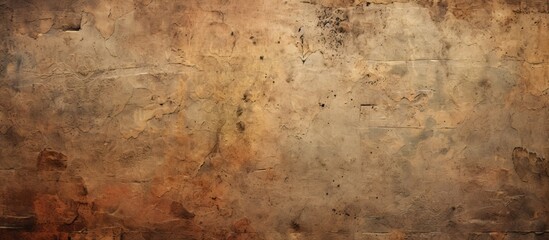 An upclose view of a stained brown wall, revealing a history of soil, art, and artifacts embedded in the woodlike pattern of the flooring