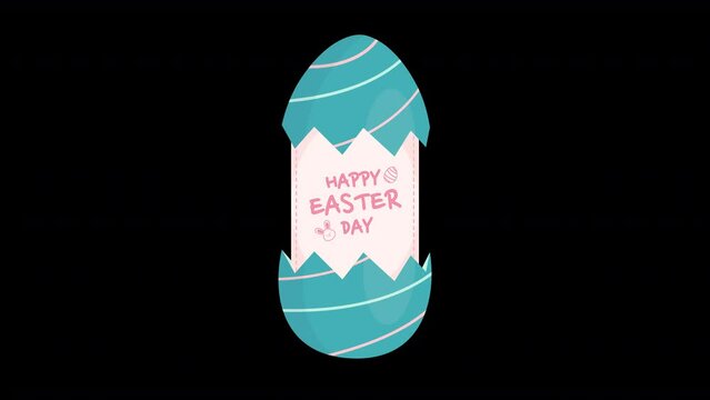 Colorful Cyan and White Line Easter Egg Loop Animation with Happy Easter Day Text Message on Transparent Background suitable for celebrations or greeting cards. High-Quality 4K Footage