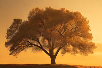 Naklejka na ściany i meble Sunset Tree Silhouette - sky painted with warm hues of orange and yellow
