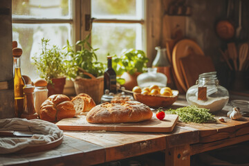 homemade fresh and big loaf of bread and ingredients in cozy rustic kitchen. food composition
