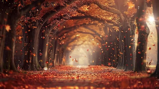 a tree lined pathway leading into a autumn colored park. seamless looping overlay 4k virtual video animation background