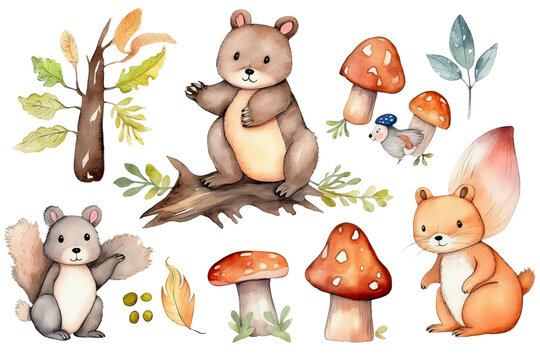 set mushrooms cartoon beaver style animals leaves bear squirrel stump Watercolor isolated background