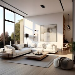Modern living room in the forest with two white sofas and a window for fresh air and sunlight