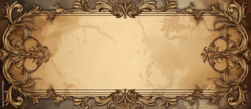 Poster a brown rectangle frame made of wood or metal, placed on a piece of paper with textile texture. deco