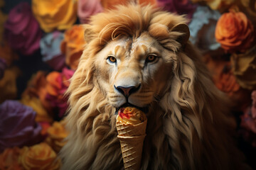 Lion’s Ice Cream Indulgence - vibrant treat amidst backdrop of colorful flowers