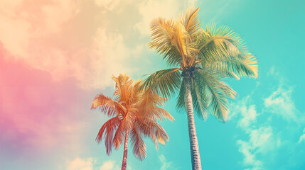 Fototapeta na wymiar Tropical palm tree cloud abstract background. Summer vacation and nature travel adventure concept. Vintage tone filter effect color style.