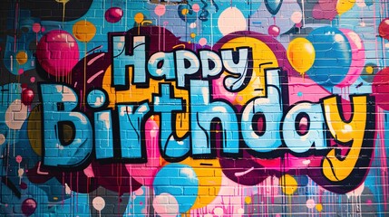 "Happy Birthday" spelled out in vibrant, graffiti-style lettering against a brick wall backdrop, with colorful street art murals surrounding for an urban birthday celebration.
