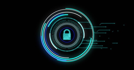 Security padlock icon over blue neon round scanner against black background