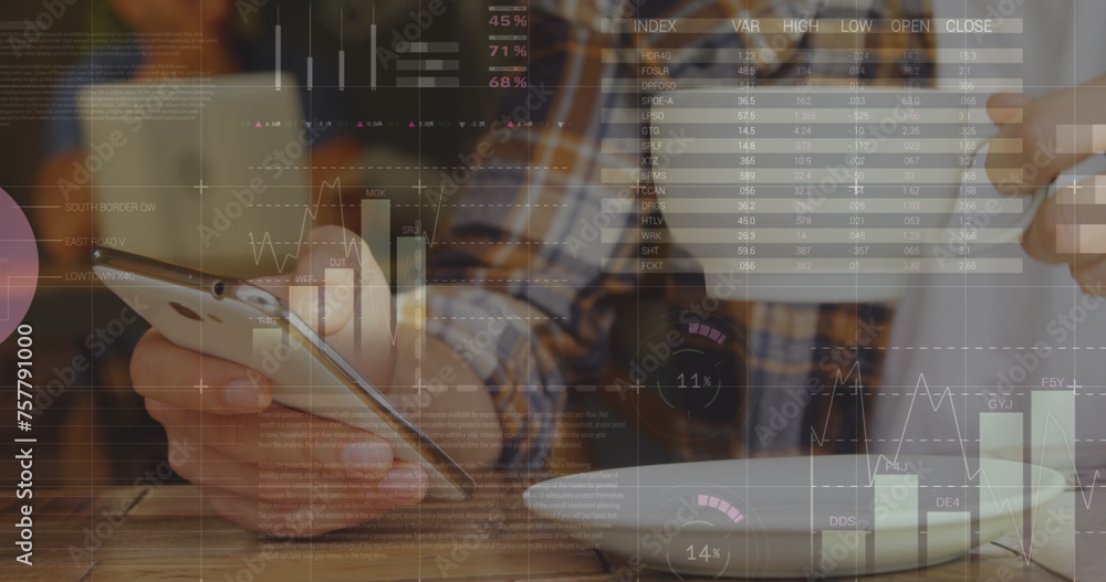 Poster image of statistics and data processing over man using smartphone
