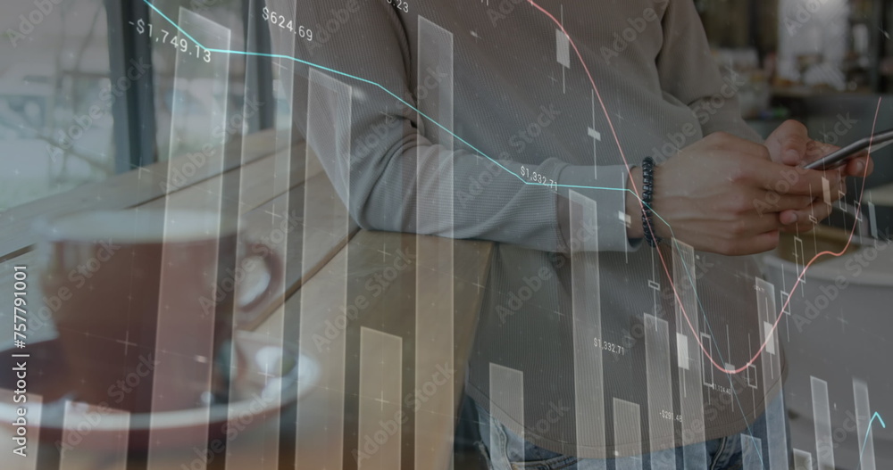 Poster image of statistics and data processing over businessman using smartphone
