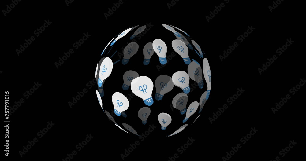 Poster digital image of light bulb icons arranged in a sphere rotating against a black background 4k
