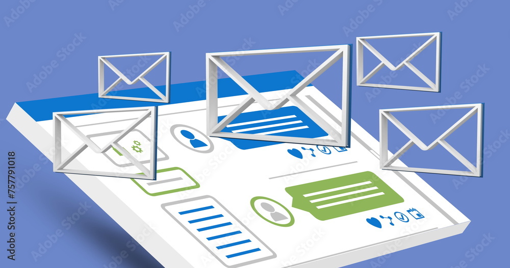 Poster digital image of white message envelope icons hovering above a white tablet with a message interface