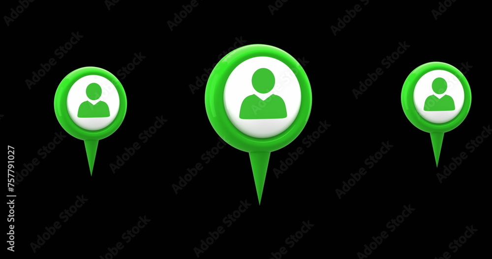 Poster digital image of green map pins with profile icon in the middle hovering against the black screen 4k
