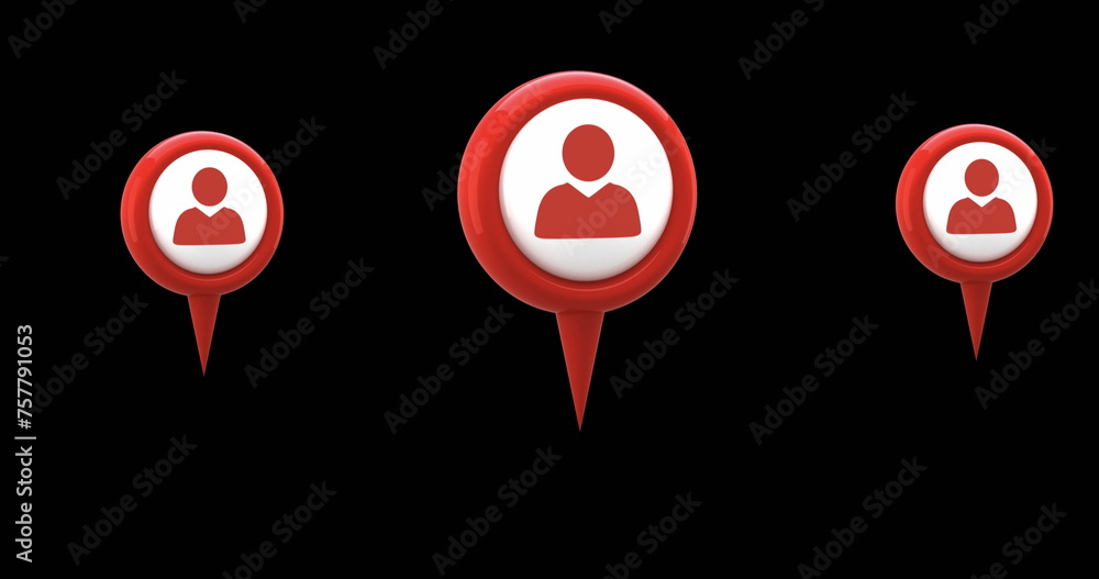 Poster digital image of red map pins with profile icon in the middle hovering against the black screen 4k