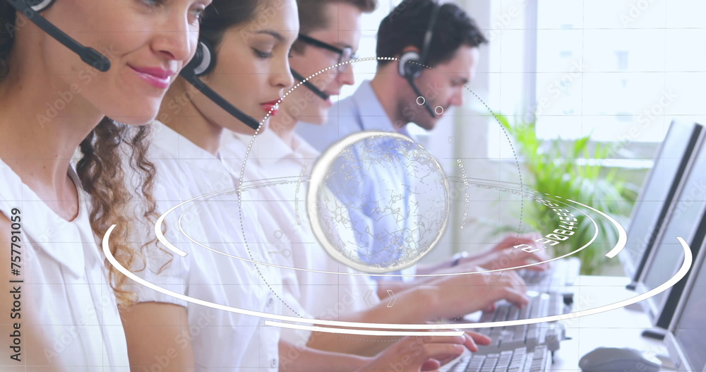 Poster diverse call center reps work with futuristic interface in 4k digital composite.