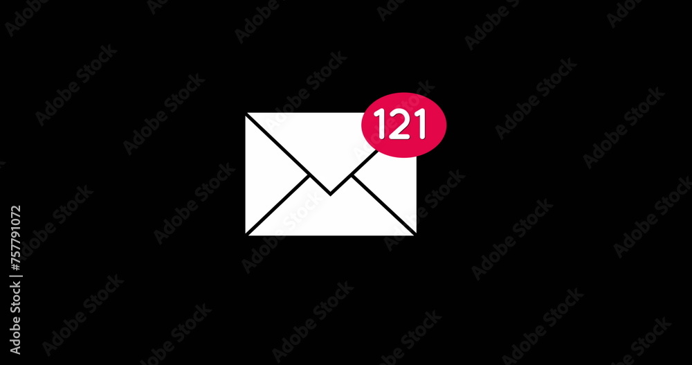 Poster digital image of a white message envelope icon with increasing numbers against a black background 4k