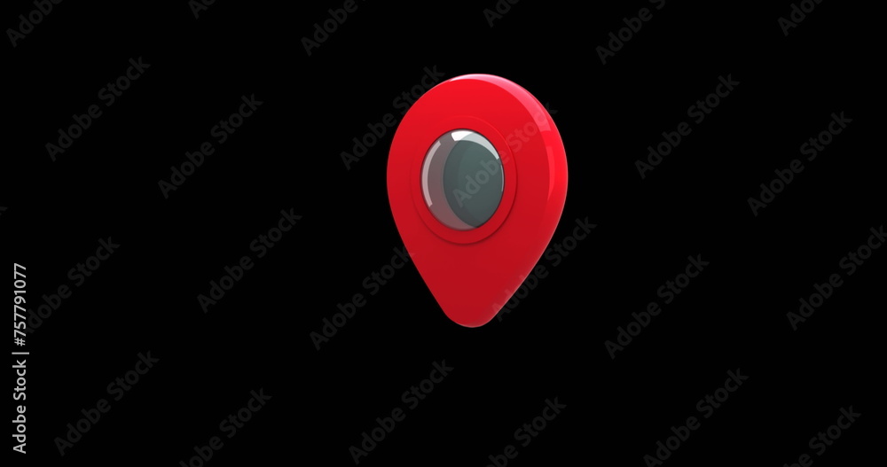 Poster digital image of a red map pin moving in the screen against a black background 4k