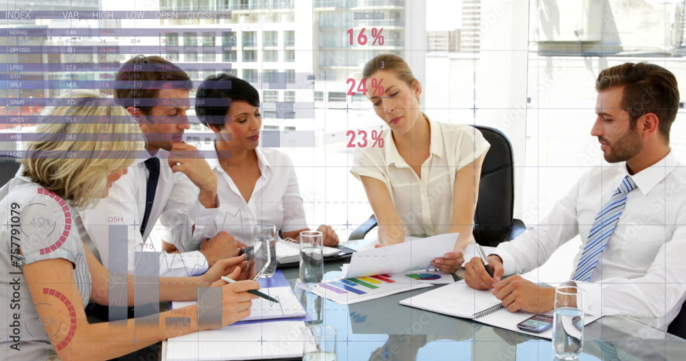 Aufkleber diverse team discusses business as graphs animate in foreground.