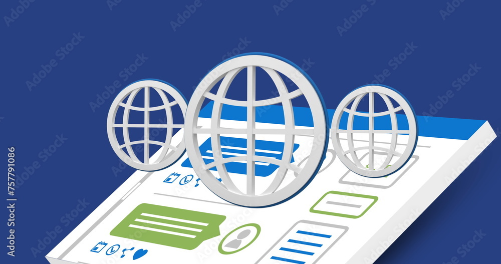 Aufkleber digital image of white globe icons hovering on top of a tablet with a social interface 4k