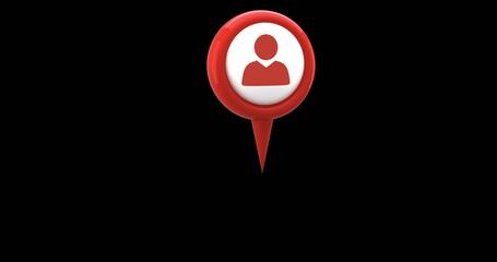 Digital image of a red map pin with profile icon in the middle hovering against the black screen 4k