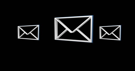 Digital image of white envelope icons moving in the screen against a black background 4k