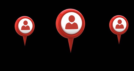 Digital image of red map pins with profile icon in the middle hovering against the black screen 4k