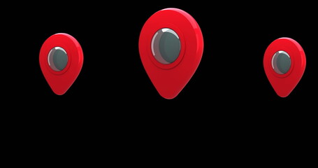 Digital image of red map pins moving in the screen against a black background 4k