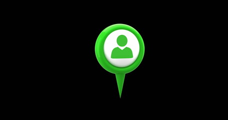 Digital image of a green map pin with a profile icon in the middle moving against a black background