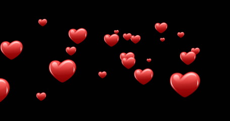 Digital image of red heart icons moving upwards in the black background 4k