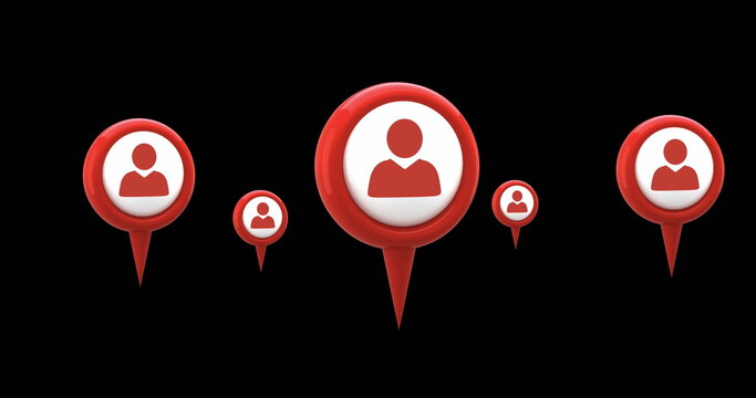 Digital image of red map pins with profile icon in the middle hovering against the black screen 4k