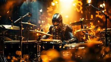 Naklejka premium 3D render of a Robot playing the drums, concept creating music.