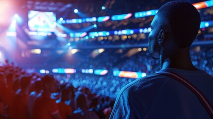 Spectator Enjoying Live Stadium Event, Captured from behind, a solitary spectator is immersed in the electric atmosphere of a vibrant stadium event, basking in the glow of dynamic lighting - obrazy, fototapety, plakaty