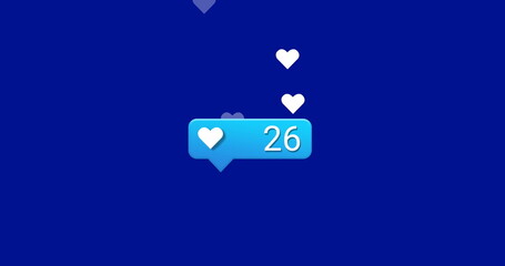 Heart icon on speech bubble with increasing numbers against blue background