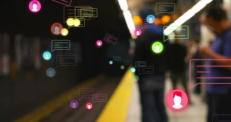 Zelfklevend Fotobehang Treinstation Image of social media reactions over blurred train station