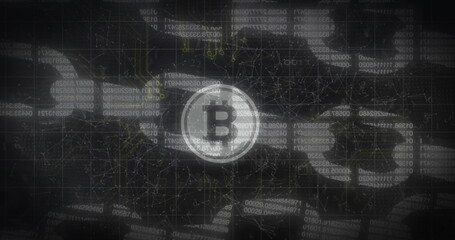 Obraz premium Security chain icon and bitcoin symbol over network of connections against black background