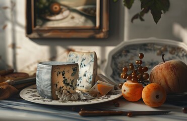 Gourmet Cheese Selection with Seasonal Fruits, rustic tableau of gourmet cheeses paired with ripe fruits, under the soft glow of natural light, evoking a sense of traditional taste and abundance - obrazy, fototapety, plakaty