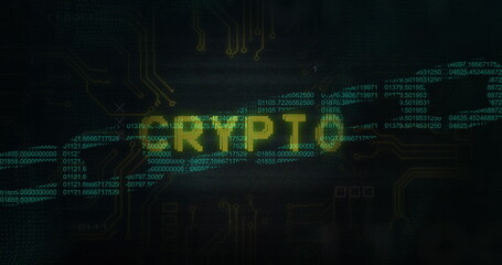 Crypto text and microprocessor connections over security chain icon against black background