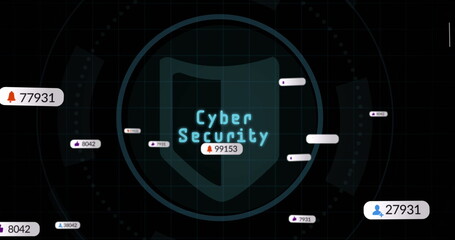 Speech bubbles with increasing numbers and cyber security text on round scanner on black background