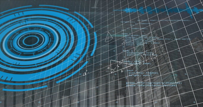 Digital blue scope scans data on a grid, symbolizing global science and digital concepts.