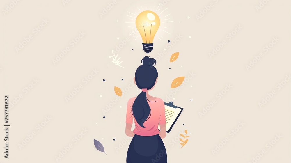 Poster problem solving concept featuring a back view of a woman standing with a bright, illuminated light b