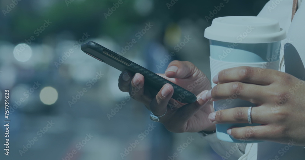 Poster image of 6g text, scope scanning and data processing over woman using smartphone in city