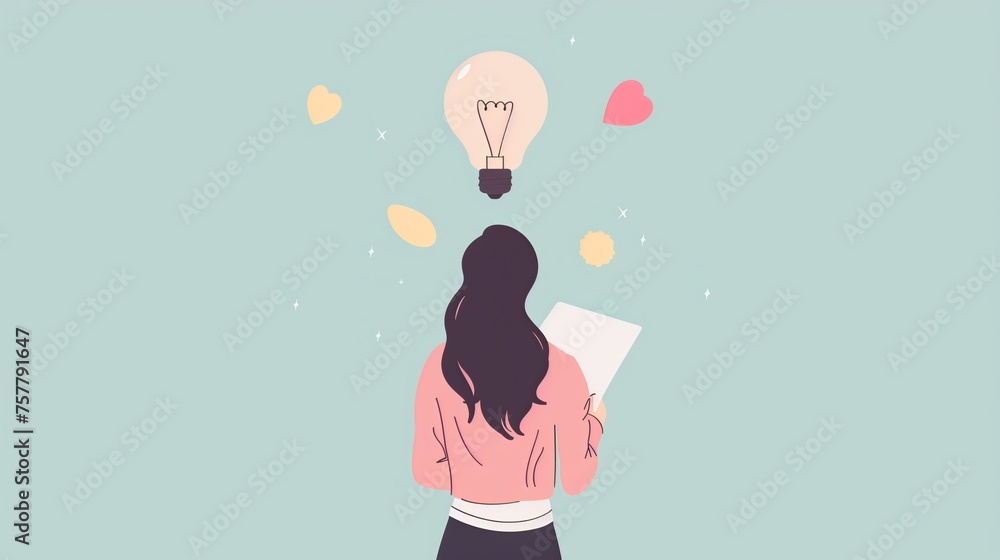 Poster problem solving concept featuring a back view of a woman standing with a bright, illuminated light b