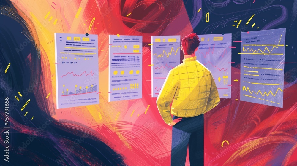 Poster concept of decision support systems, featuring a figure standing thoughtfully behind sheets filled w