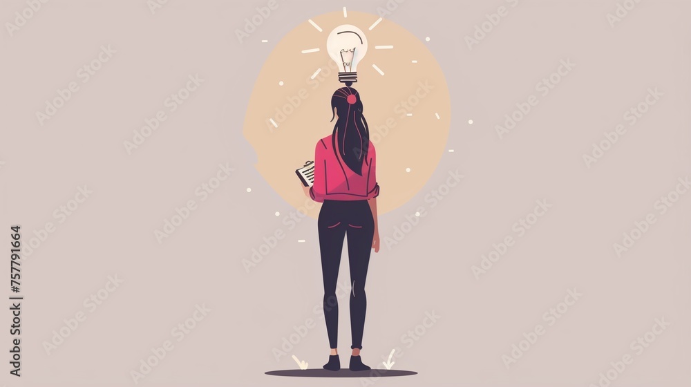 Poster problem solving concept featuring a back view of a woman standing with a bright, illuminated light b