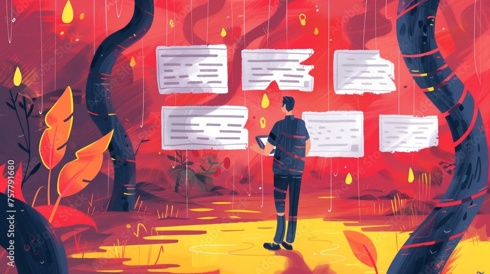 Poster concept of decision support systems, featuring a figure standing thoughtfully behind sheets filled w